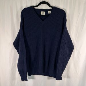Gap Lambswool Blend Sweater Men's Large Blue Cable Knit Vneck Long Sleeve